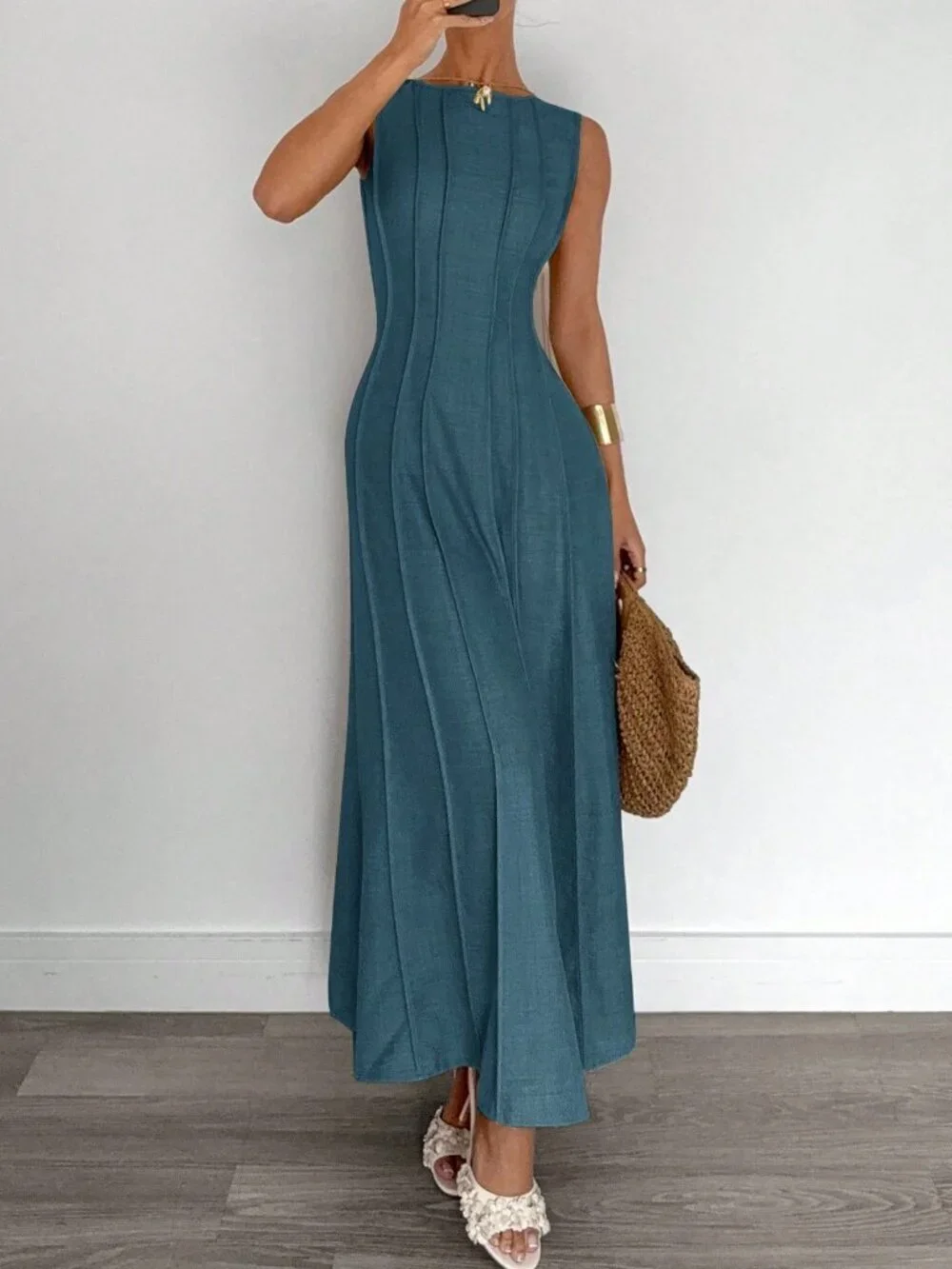 Blue Casual Women's Sleeveless A-Line Dress - Picture 3 of 5